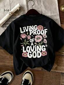 Oversized Women's "Living Proof Of A Loving God" Floral Religious Graphic T-Shirt - Casual White Tee For Daily, Summer, Street, Inspirational, Spiritual & Faith-Inspired Outfit, Church, Vacation & Everyday Wear - màu đen - Xem 2