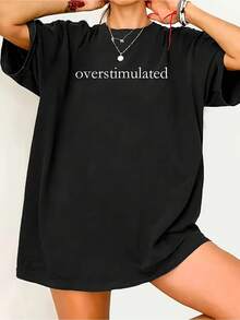 Women's Casual "Overstimulated" Graphic T-Shirt - Black, Short Sleeve, Crew Neck, Loose Fit, Lightweight, Suitable For Casual Wear, Relaxed Fit T-Shirt - 黑色 - 查看 1