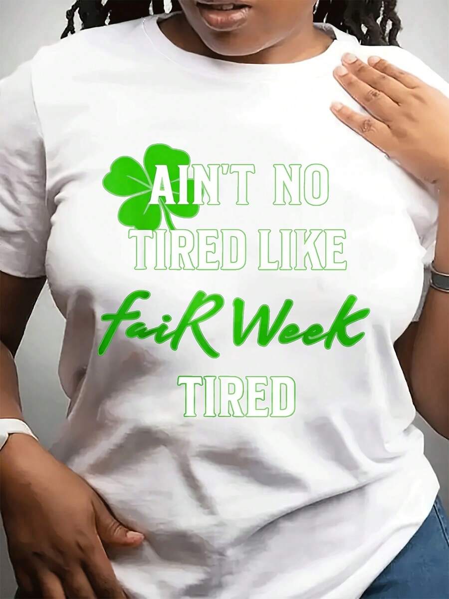 Women's St. Patrick's Day Fashionable Casual Crew Neck Short Sleeve T-Shirt Top Can Be Worn For Daywear. Clover Print. Suitable For Friends, Family, And Everyday Wear. - 白色 - 查看 1