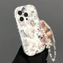 Set de 2 piezas (Funda de teléfono con estampado de gato acuarela y floral + Pulsera con lazo), Funda protectora de teléfono transparente con textura de crema, impresa en 2D, hecha de material TPU, con protección completa de la cámara, anti-golpes y anti-caídas, diseño lindo y fresco, adecuada para iPhone, A60, Galaxy, Edge 50, A5, gran regalo para amigos, parejas o familiares en cumpleaños - transparente - Ver 4