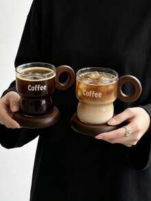 1 Set Coffee Glass & Wooden Saucer, Nordic Ins Style Latte Art Cup & Saucer, Vintage Breakfast, Milk, Afternoon Tea, Dessert Cup & Saucer, Suitable For Restaurant, Living Room, Cafe, Dessert Shop, Gathering - Transparent - View 5