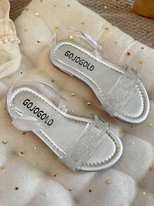 1 Pair Of Girls' Sandals With Transparent Chain-Shaped Rhinestone Decoration, Soft Leather, Flat Open-Toe, Minimalist Style, Suitable For Children's Park Walks And Family Outings. - Clear - View 3