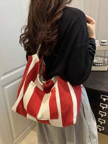 2026 Nuevo Bolso de Lona a Rayas con Estilo Retro, Gran Capacidad, Uso Versátil, para Trabajo, Escuela y Actividades al Aire Libre, Se Puede Usar como Mochila - Naranja - Ver 3
