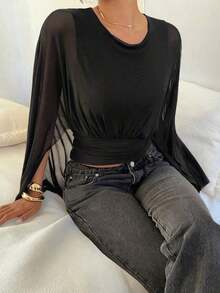Women's Solid Color Round Neck Pleated Casual Versatile Daily Wear T-Shirt - màu đen - Xem 6