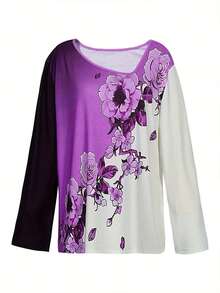 Camiseta de manga larga con cuello oblicuo para mujer, Camiseta holgada informal de poliéster con estampado, talla grande 3xl a 5xl, novedad de verano 2024 - Rosa - Ver 2