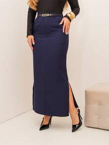 Women's Fashion Long Straight Linen Skirt In Two Colors With Black Belt. The Fabric Is Superior To Tailored Women's Fashion With A Side Slit, Button Closure, Zipper, And Side Pockets. Elegant And Casual. - 藏蓝色 - 查看 4