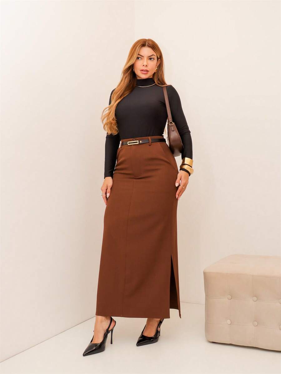 Women's Fashion Long Straight Linen Skirt In Two Colors With Black Belt. The Fabric Is Superior To Tailored Women's Fashion With A Side Slit, Button Closure, Zipper, And Side Pockets. Elegant And Casual. - 咖啡棕 - 查看 1