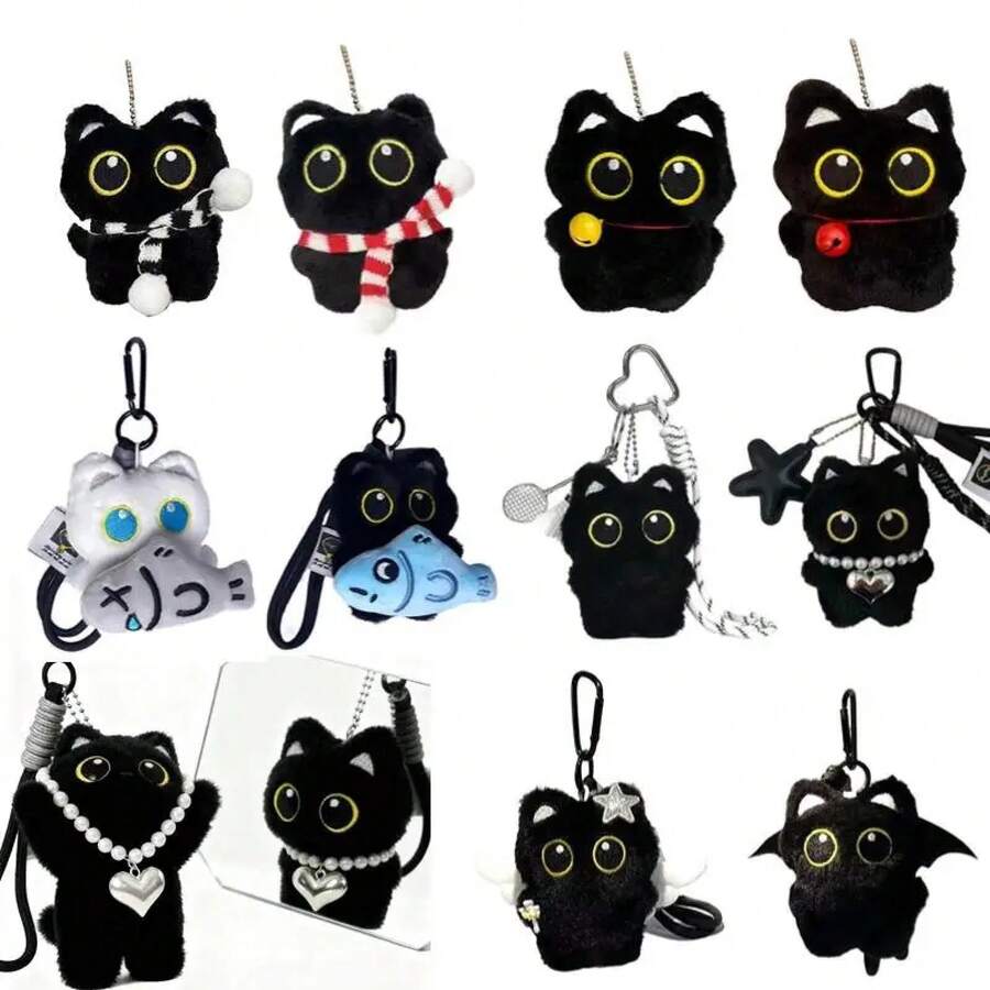 Lindo gato negro juguete de peluche llavero de muñeca pequeño colgante llavero de coche gatito muñeca de juguete para niño niña regalos de cumpleaños - A - Ver 1