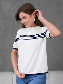 Women's Crew Neck Short Sleeve Striped Knit Blouse - White - View 2