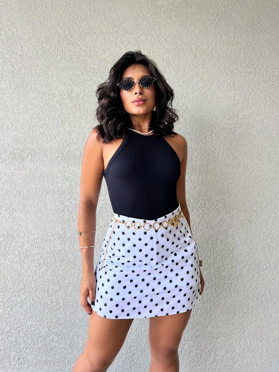 Polka Dot Skirt Shorts (Crocheted Knit Fabric) - 白色 - 查看 1