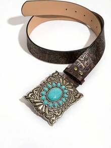 1pc Women Fashionable Embossed Bohemian Style Belt With Inlaid Gemstones Boho Halloween Summer, School Fall, Autumn, Halloween - 銅色 - 查看 3