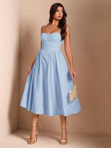 Elegante vestido largo sin mangas con manga abultada para mujer, adecuado para citas diarias, salidas, discotecas, fiestas, temporada de otoño - Celeste - Ver 1