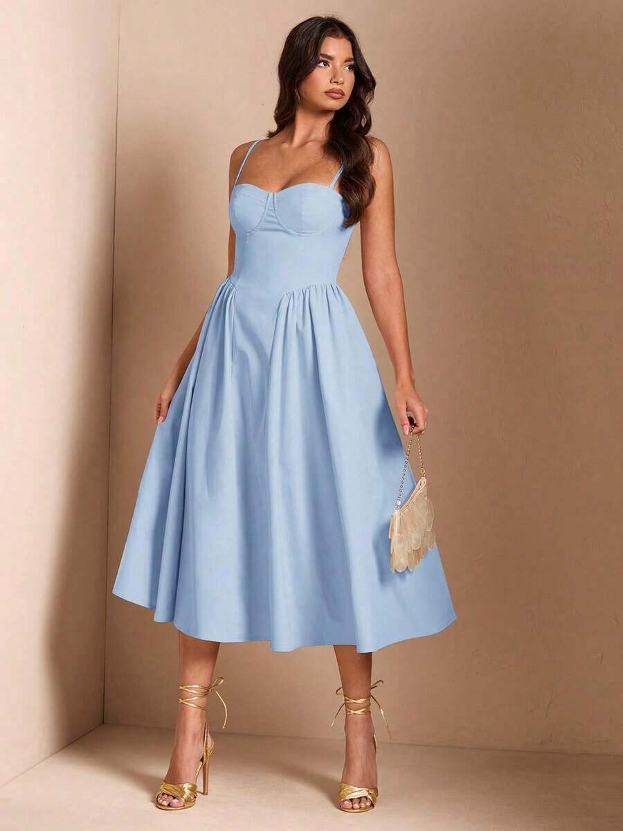 Elegante vestido largo sin mangas con manga abultada para mujer, adecuado para citas diarias, salidas, discotecas, fiestas, temporada de otoño - Celeste - Ver 1