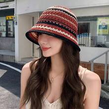 Summer Women's Breathable Thin Striped Knitted Hollow Fisherman Hat, Sun Hat, Fashionable Bucket Hat, Sun Hat - 黃色和黑色 - 查看 3