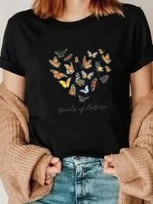 Mujeres Y2K suave transpirable cuello redondo camiseta de manga corta adecuado para correr y desgaste informal - primavera de verano impresión blusa, máquina lavable cómodo Top - Negro - Ver 2