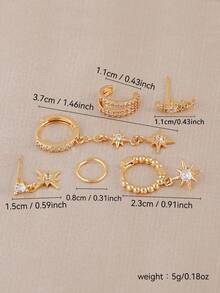 6pcs Elegant Cubic Zirconia Octagram Chain Earrings Set, Suitable For Women's Daily, Date, Music Festival, Party Layering - Yellow Gold - View 2
