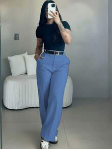 Celana Panjang Wanita Model Slim Fit Pinggang Tinggi dengan Potongan Lebar Warna Biru Muda, Gaya Jalanan Bohemian, Sempurna untuk Pakaian Kasual Musim Semi/Panas atau Kantor (Sabuk Tidak Termasuk) - Biru Langit - View 4