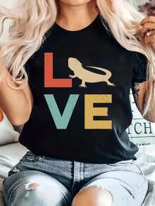 Women's Vintage Bearded Dragon & LOVE Graphic T-Shirt - Soft Relaxed Fit Short Sleeve Round Neck Tee with Reptile Design, Machine Washable Summer Casual Top for Bearded Dragon Lovers Gift - Negro - Ver 2