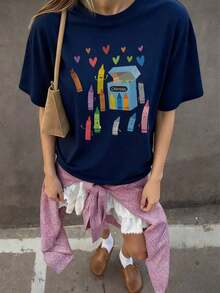 Camiseta de mujer de manga corta y cuello redondo con estampado de crayón, uso diario casual en blanco-Breathable High Quality - Azul marino - Ver 10