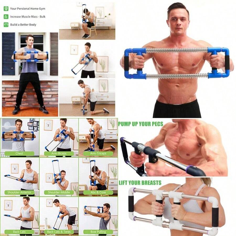 GOFITNESS Máquina de barra de empuje Expansor de pecho en casa equipo de entrenamiento de brazos equipo portátil de resistencia de resorte para el hogar viajes o al aire última intervensión - Azul / Patchwork - Ver 1