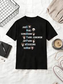 Member Names Chibi Cartoon Fan Cotton Summer Short Sleeve T-Shirt - Black - View 1