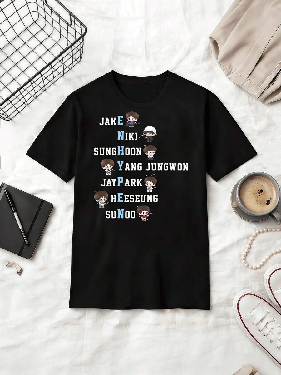 Member Names Chibi Cartoon Fan Cotton Summer Short Sleeve T-Shirt - Black - View 1