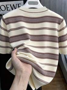 Men's Summer Round Neck Knit Striped Contrast Color Casual Pullover - White - View 2