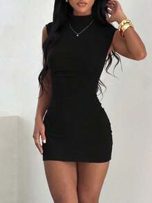 1 pieza Vestido de verano de cuello alto plisado y elástico de unicolor, negro, adecuado para el Día de San Valentín, fiestas elegantes, playa, boda, graduación, cumpleaños y otras ocasiones, vestido mini elegante, ropa casual, vestido corto de mujer, vestido de mujer primaveral lindo - Negro - Ver 2