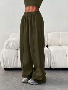 Pantalones de chándal casuales y sueltos de unicolor con cordón en la cintura para mujer, para invierno - Verde militar - Ver 7