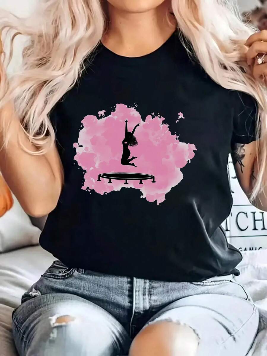 Women's Elegant Pink Watercolor Graphic T-Shirt - Short Sleeve Crew Neck T-Shirt, Comfortable And Breathable With Trampoline Silhouette Design, Perfect For Fitness And Outdoor Activities, All-Weather Clothing, Fitness Clothing. - 黑色 - 查看 1