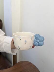 1pc Ins Style Floral Ceramic Coffee Cup, Korean Creative Asymmetrical Embossed Flower Handle, Suitable For Cappuccino, Latte, Afternoon Tea, Cold/Hot Beverages, Milk, Espresso, Ideal For Easter, Christmas, Birthday Party, Home, Office, Holiday Gift - Multicolor - View 15