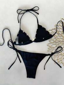 Conjunto de bikini sexy de unicolor para mujer con decoración de colgante de lentejuelas redondas y tirantes para los hombros, ideal para vacaciones de verano en la playa - Negro - Ver 6