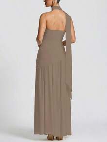 Vestido elegante y sexy de unicolor con abertura, adecuado para fiestas, vacaciones, boda de color marrón primaveral - Caqui - Ver 4