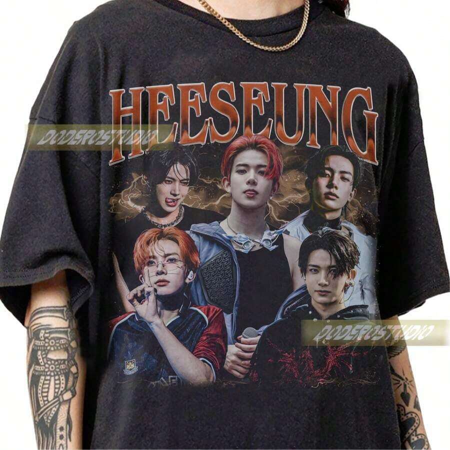 Camicia vintage limitata Heeseung, regali di musica vintage Heeseung per donna e uomo, regali di musica vintage Heeseung, 100% cotone anni '90, top estivi, t-shirt, estate, outfit - Nero 3 - Visualizzare 1