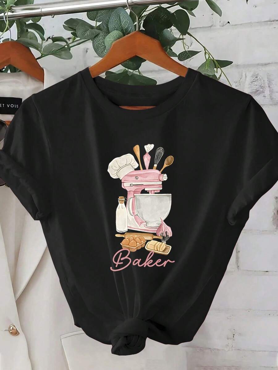 Baked Goods Pattern T-Shirt, Women's Casual Short Sleeve Crew Neck, Machine Washable, Spring And Summer Vacation, New Women's Clothing, Out Of Box, Size S - 黑色 - 查看 1