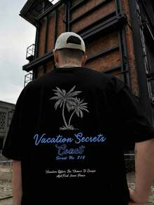 Men's Short-Sleeved Crew Neck T-Shirt For Summer, 100% Cotton, Lightweight Design With Adventure Print, Easy Gear For Outdoor Walking In Summer. Unisex Loose-Fitting Cotton Short-Sleeved Crew Neck T-Shirt With Urban Vintage Style - 黑色 - 查看 6