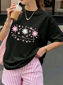 Oversize Women's Casual Style T-Shirt With Floral And Letter Print, Soft Fabric, Loose Fit, Round Neck, Short Sleeves, Suitable For Spring And Summer, Suitable For Daily Wear, Combinable. - 黑色 - 查看 1