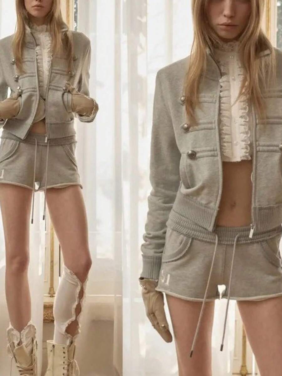 Retro Napoleon Style Women's Solid Color Simple High-End Fashion Waist-Cinching Sweatshirt Jacket - 灰色 - 查看 1