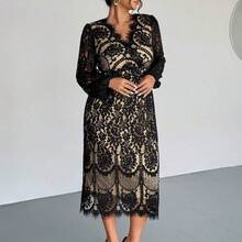 Plus Size Elegant Casual Lace Patchwork Elastic Long Sleeve Midi Dress, Suitable For Office, Resort Wear Spring Wedding Dress For Women - Negro - Ver 4