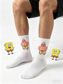 SpongeBob SquarePants 1双男士白色卡通海星印花中筒袜，趣味休闲日常穿着袜子 - 彩色 - 查看 2