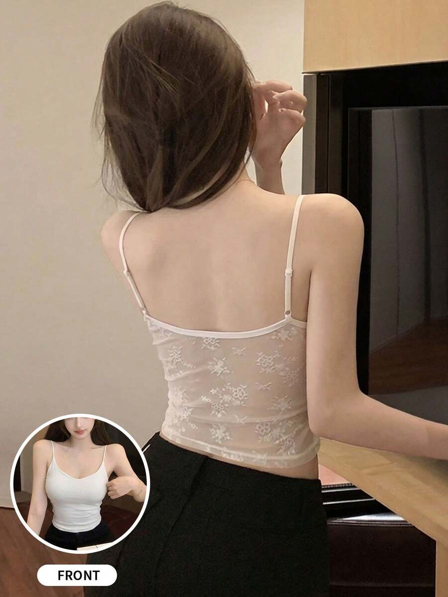 Sexy Spaghetti Strap Lace Patchwork Knit Camisole Top, Versatile Slim Fit Backless Vest Casual - White - View 1
