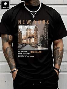 Men's 100% Thick Cotton T-Shirt, Urban Casual Style, Brooklyn, New York View, High Quality Clothing, PAYEAH Brand - 黑色 - 查看 1