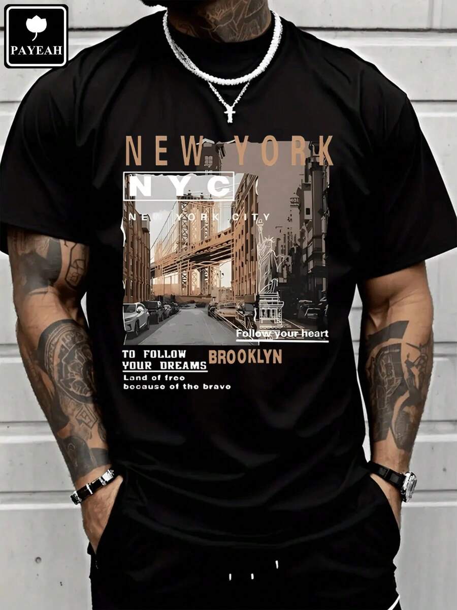 Men's 100% Thick Cotton T-Shirt, Urban Casual Style, Brooklyn, New York View, High Quality Clothing, PAYEAH Brand - 黑色 - 查看 1