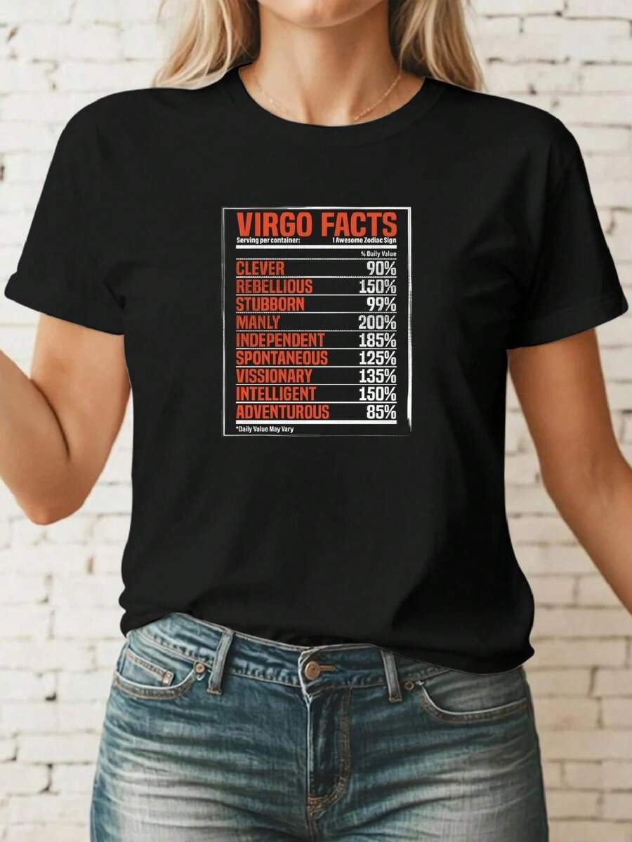 Women's Funny Virgo Zodiac T-Shirt - Humorous Astrology Birthday Gift With Virgo Traits And Percentages (Analyze Everything / Find Humor In Tears) - Soft Breathable Graphic Tee In Black And Orange - Relaxed Casual Summer Top For Virgo Season (August 23 To September 22) - Funny Virgo Women's Clothing - Machine Washable Everyday T-Shirt, Astrological Traits Design, Comfortable Material - 黑色 - 查看 1