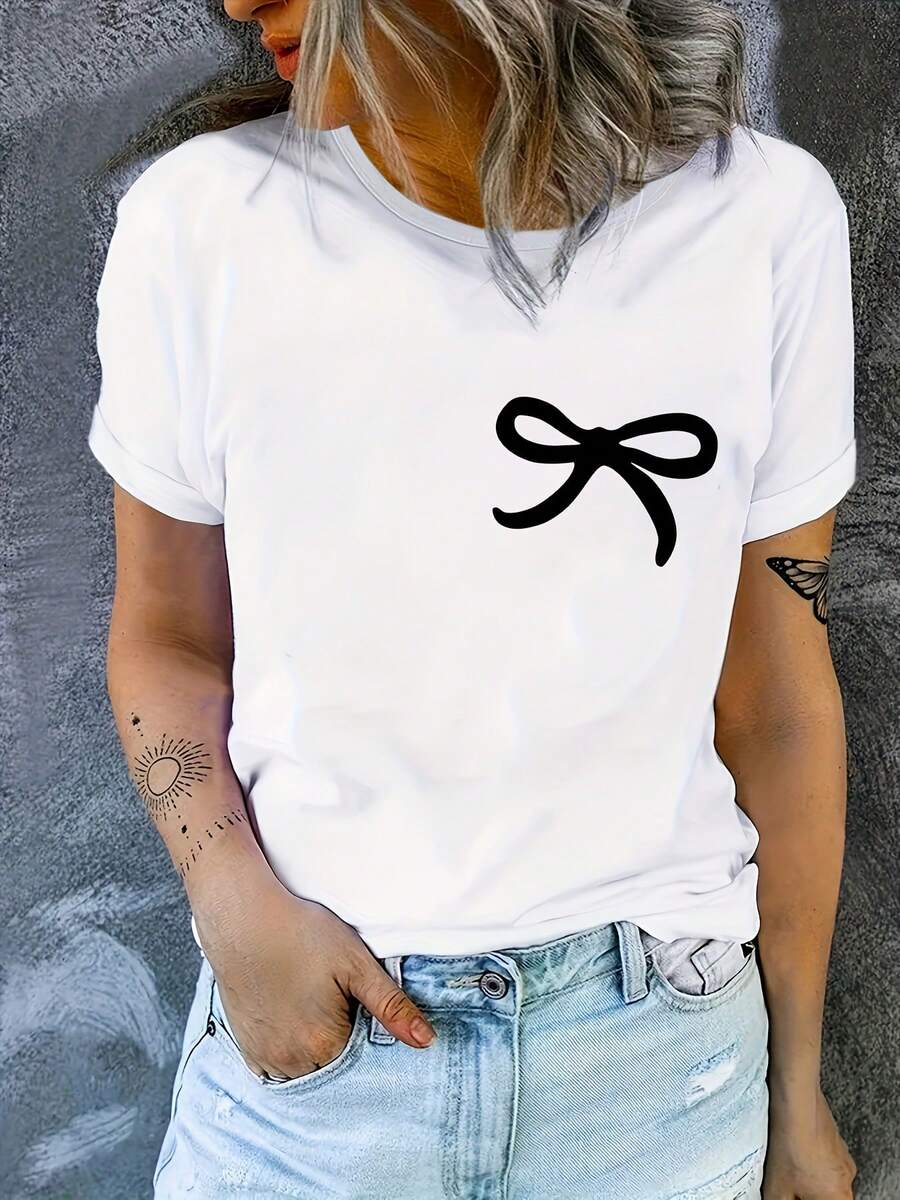 all Bow Print Camiseta cómoda de ajuste suelto, ropa de salón linda, ropa esporal, desgaste al aire libre, camiseta de trabajo y fiesta, camiseta, estilo de desarrollo
