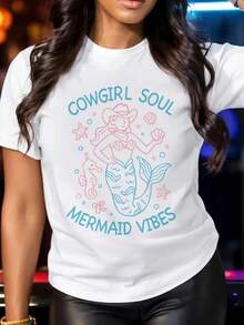 Cowgirl Soul Mermaid Vibes Women's T-Shirt - Western Mermaid And Short Print Sve Top, Breathable Round Neck Casual Summer Beachwear, All Season Washable Blush Pink And Turquoise Blue Gift For Cowgirl Style - 白色 - 查看 1