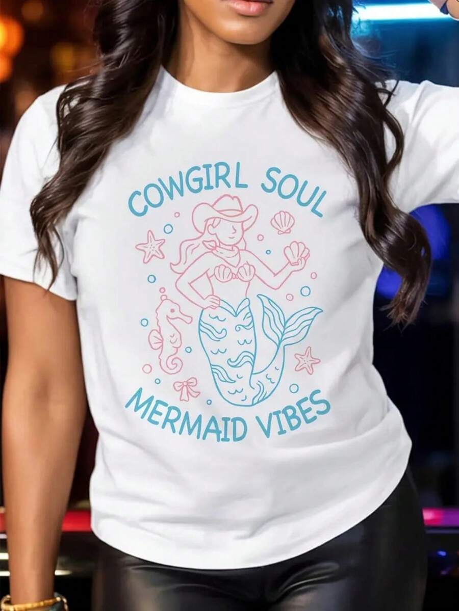 Cowgirl Soul Mermaid Vibes Women's T-Shirt - Western Mermaid And Short Print Sve Top, Breathable Round Neck Casual Summer Beachwear, All Season Washable Blush Pink And Turquoise Blue Gift For Cowgirl Style - 白色 - 查看 1