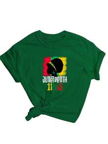 Comfortable Chic Women T-Shirt 'Juneteenth 1865 Emancipation Day Text' Alphabet Logo Printed Casual, Comfortable, Versatile Summer Y Simple Round Neck Short Sleeve T-Shirt For Women-Vintage Street Style Unisex Loose Cotton Short Sleeve Crew Neck T-Shirt - màu xanh lá - Xem 1