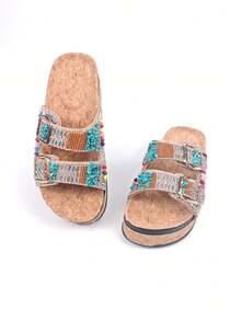 roulvxiang Giày sandal đế xuồng đính đá sequin kiểu dáng thường ngày dành cho nữ, thích hợp mang ở nhà, đi nghỉ mát và hoạt động ngoài trời. - màu nâu - Xem 7