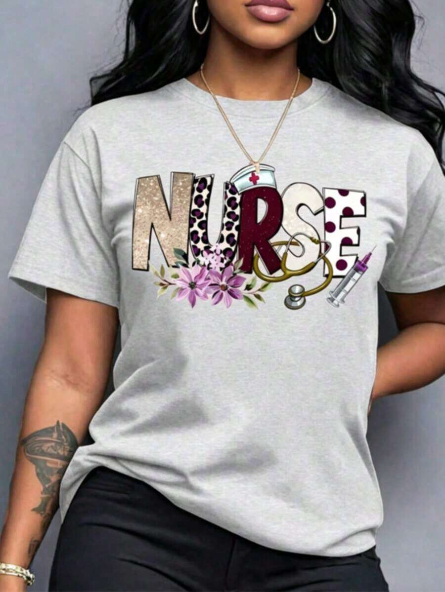 Women's Nurse Print T-Shirt - Themed Design, Short Sleeve, Round Neck, Loose Fit, Breathable And Machine Washable, In A Bright Turquoise Blue With Stethoscope And Syringe Patterns, A Fun Nursing Outfit Suitable For Casual Wear In Spring, Summer And Autumn, Ideal For Nurse Day And Daily Workwear. - 淺灰色 - 查看 1